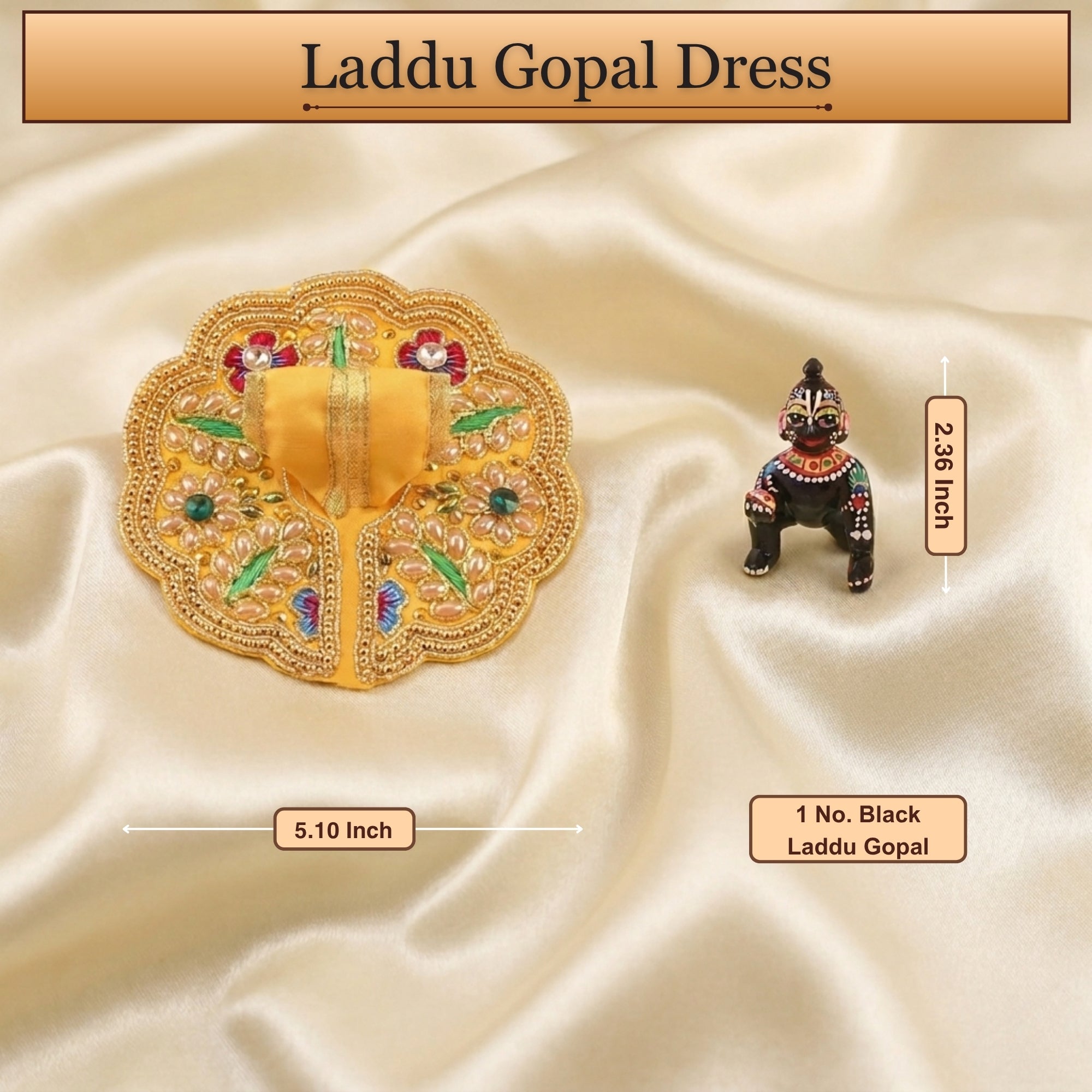 4 No. size reference display for the handcrafted yellow kanha ji dress poshak