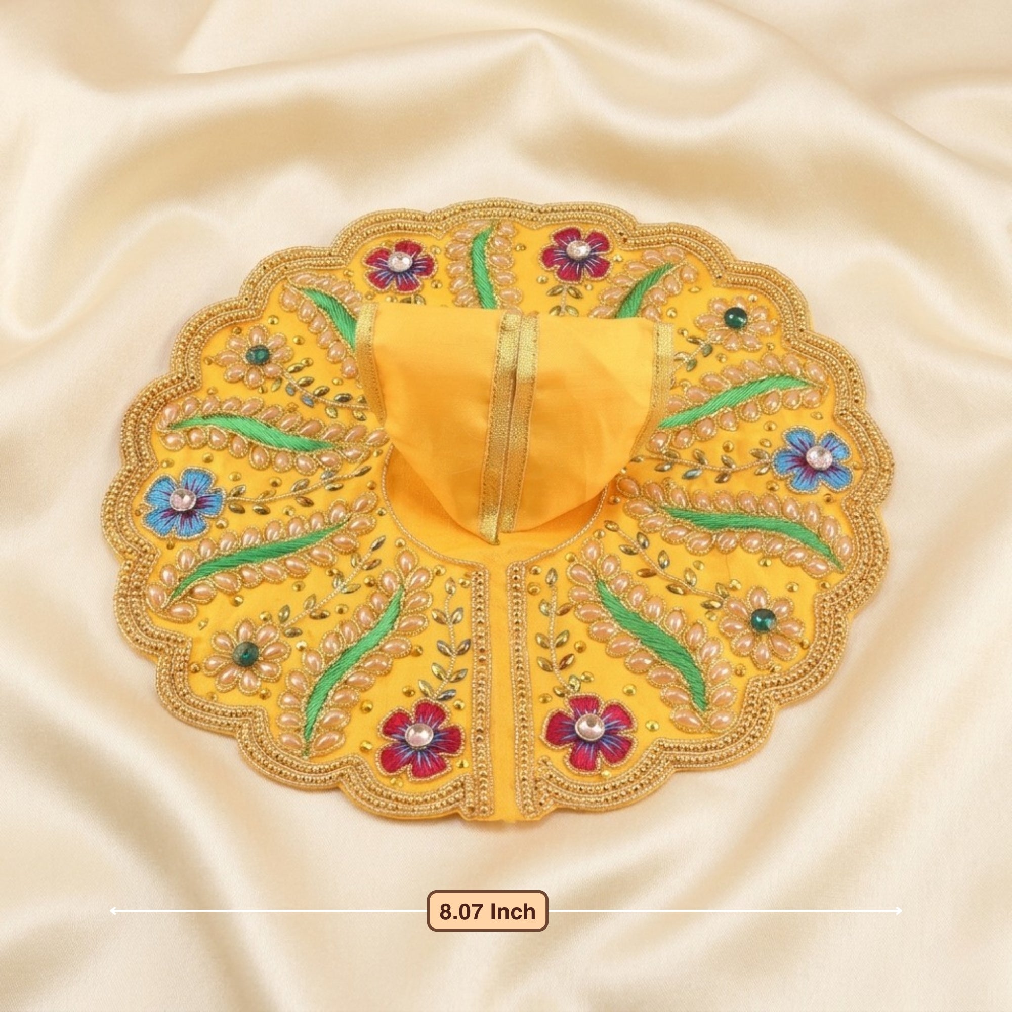 Front angle view of handmade floral and leaf design yellow dress for Thakur Ji