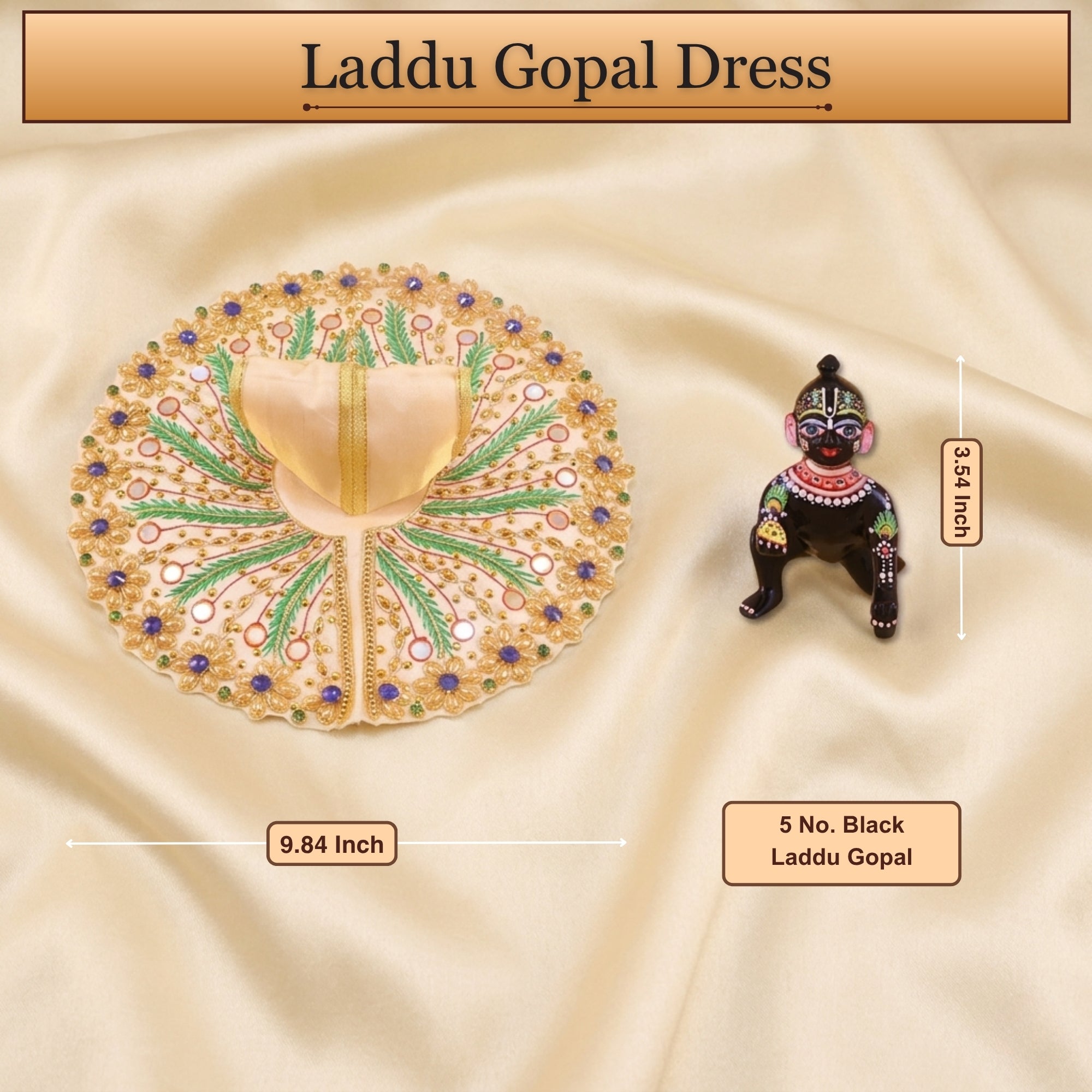 5 No. size reference display for the handcrafted cream kanha ji dress poshak