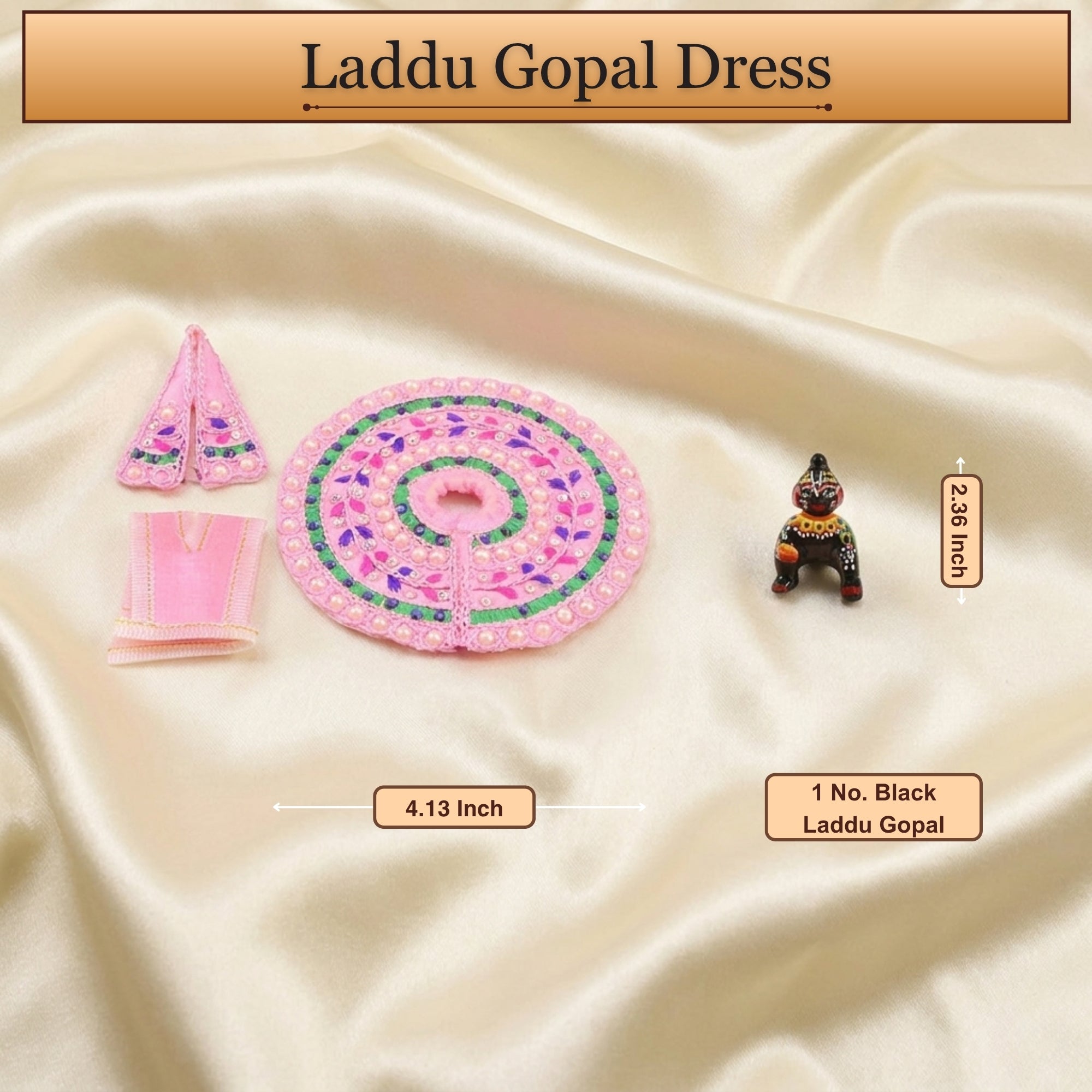 4 No. size reference display for the handcrafted pink kanha ji dress poshak