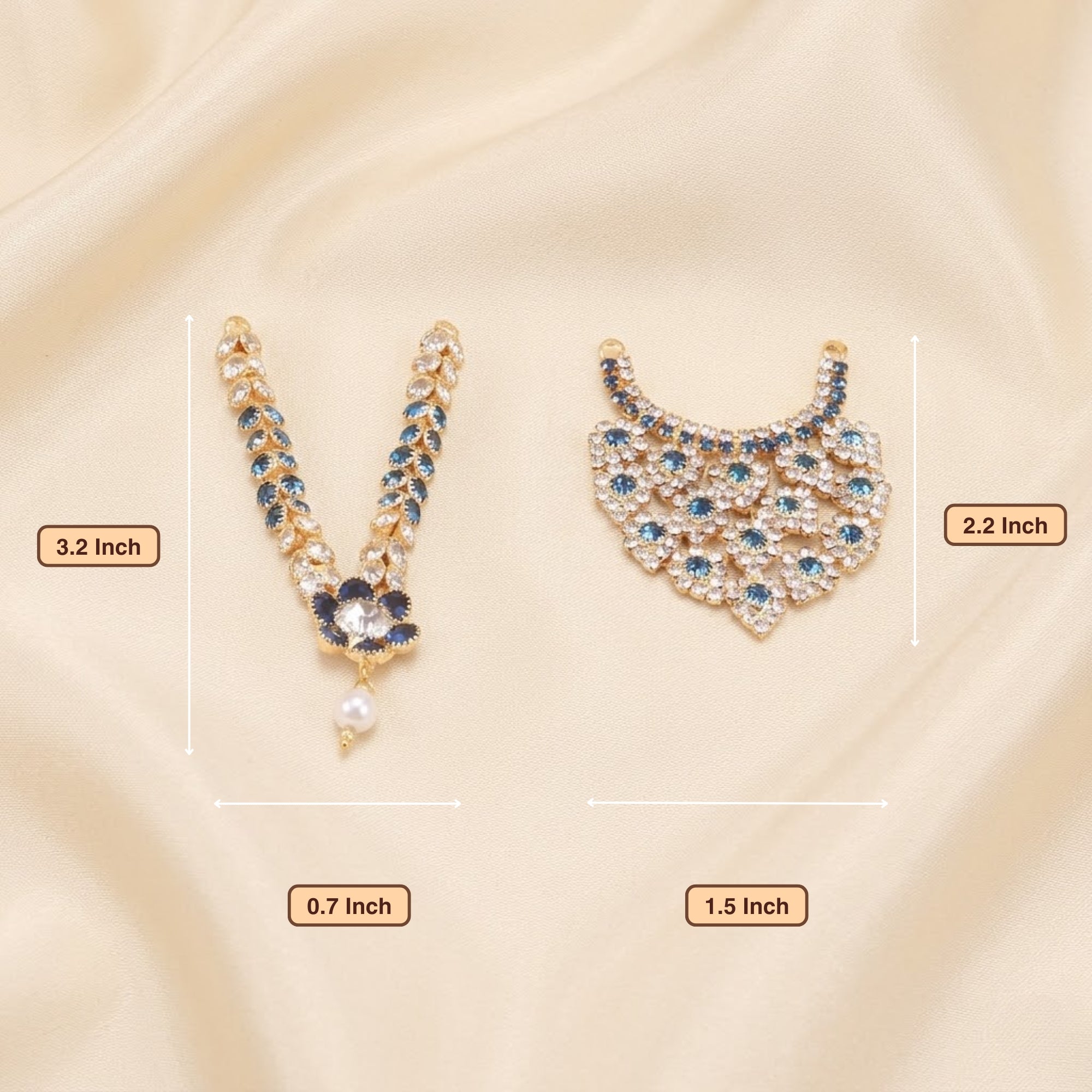 Laddu Gopal blue stone studded long mala and wide choker necklace shown separately on cream fabric