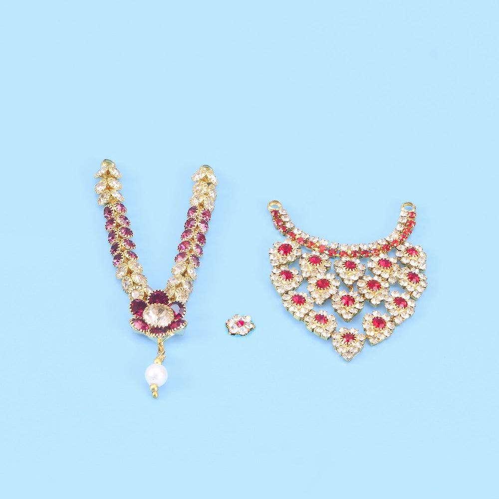 Laddu Gopal red stone studded long mala choker necklace and tilak set on light blue background