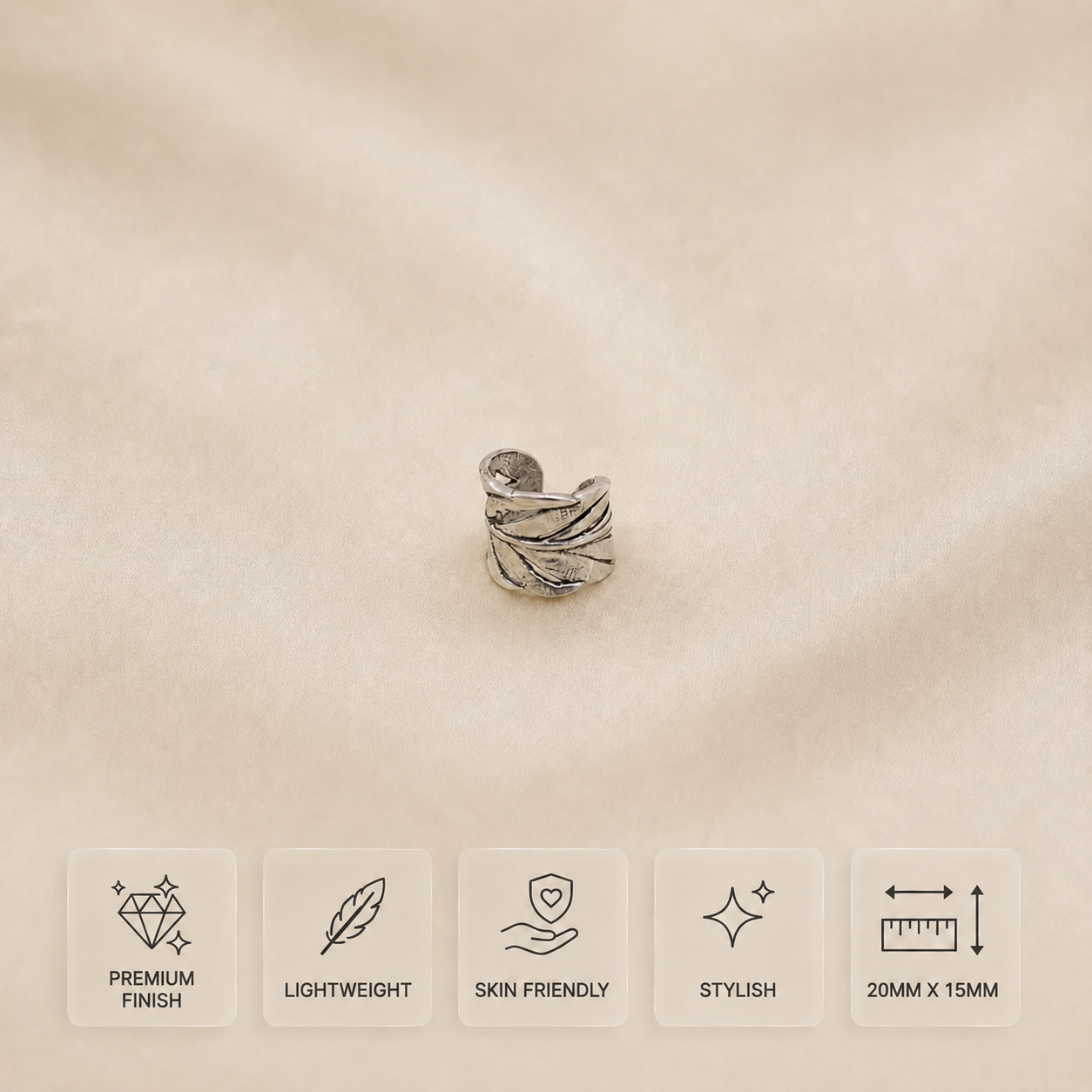 Leaf design oxidized metal adjustable ring with textured wrap pattern, 20 mm x 15 mm