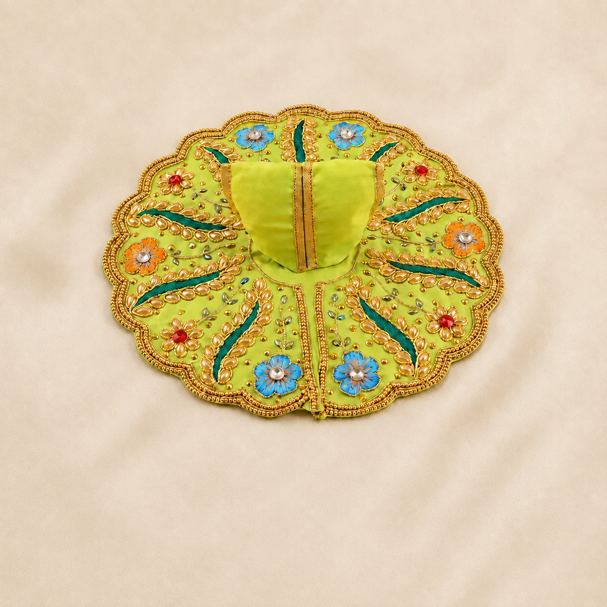Lime green Laddu Gopal dress with colourful flowers and golden embroidery.