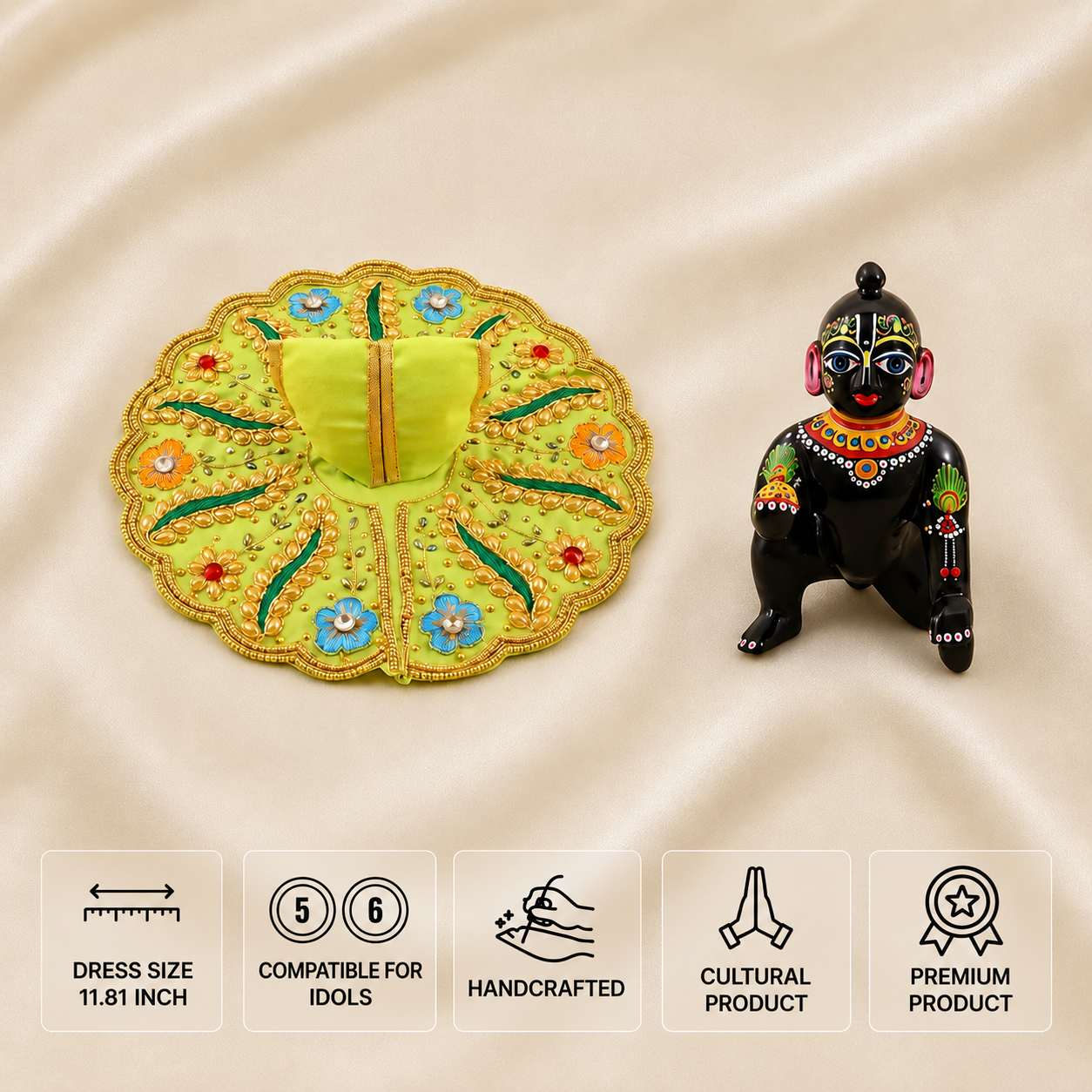 Lime green handcrafted Laddu Gopal dress for 5 and 6 number idols with colourful floral embroidery and golden detailing.