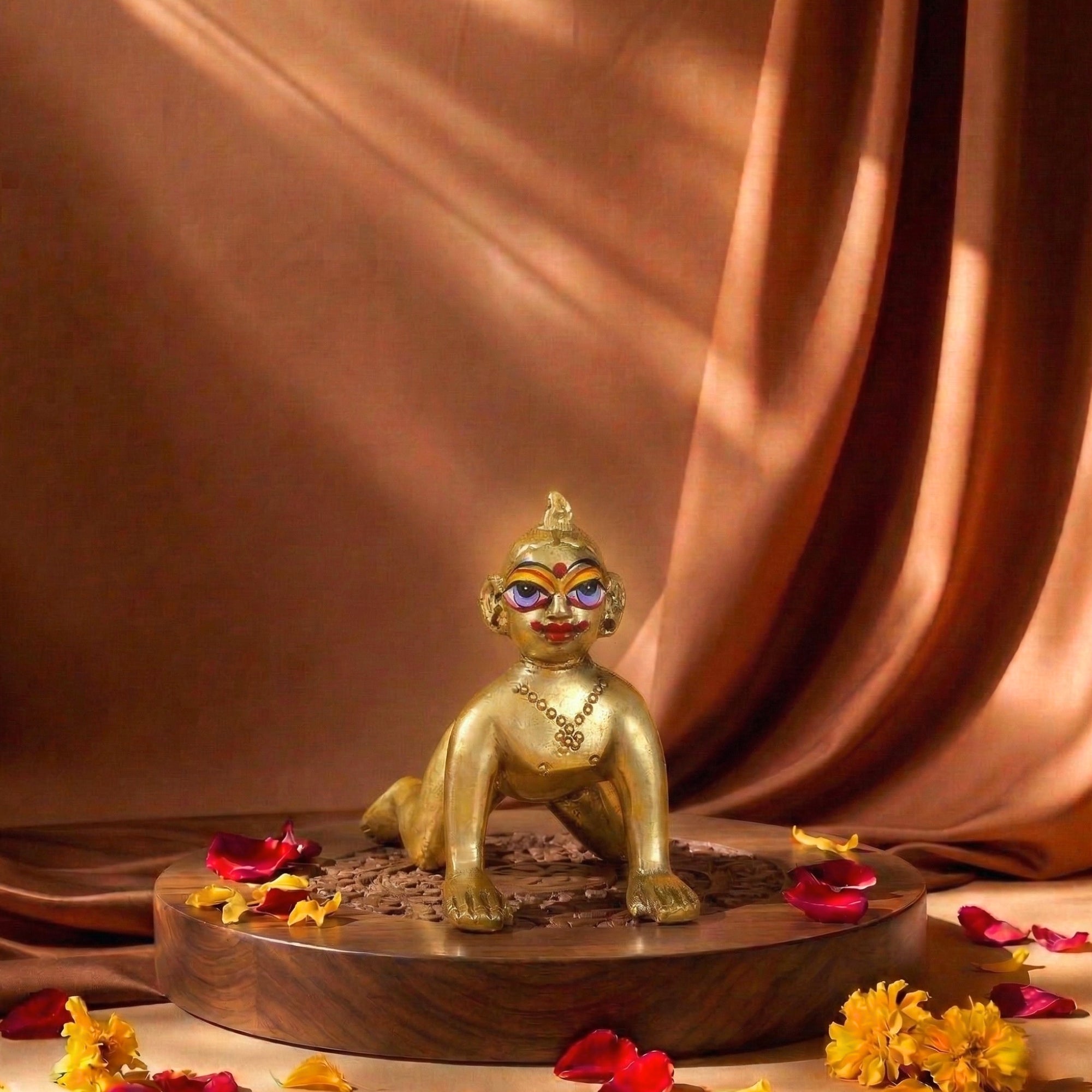 Little Radha Rani Ashtadhatu golden finish plain deity displayed on a wooden temple altar