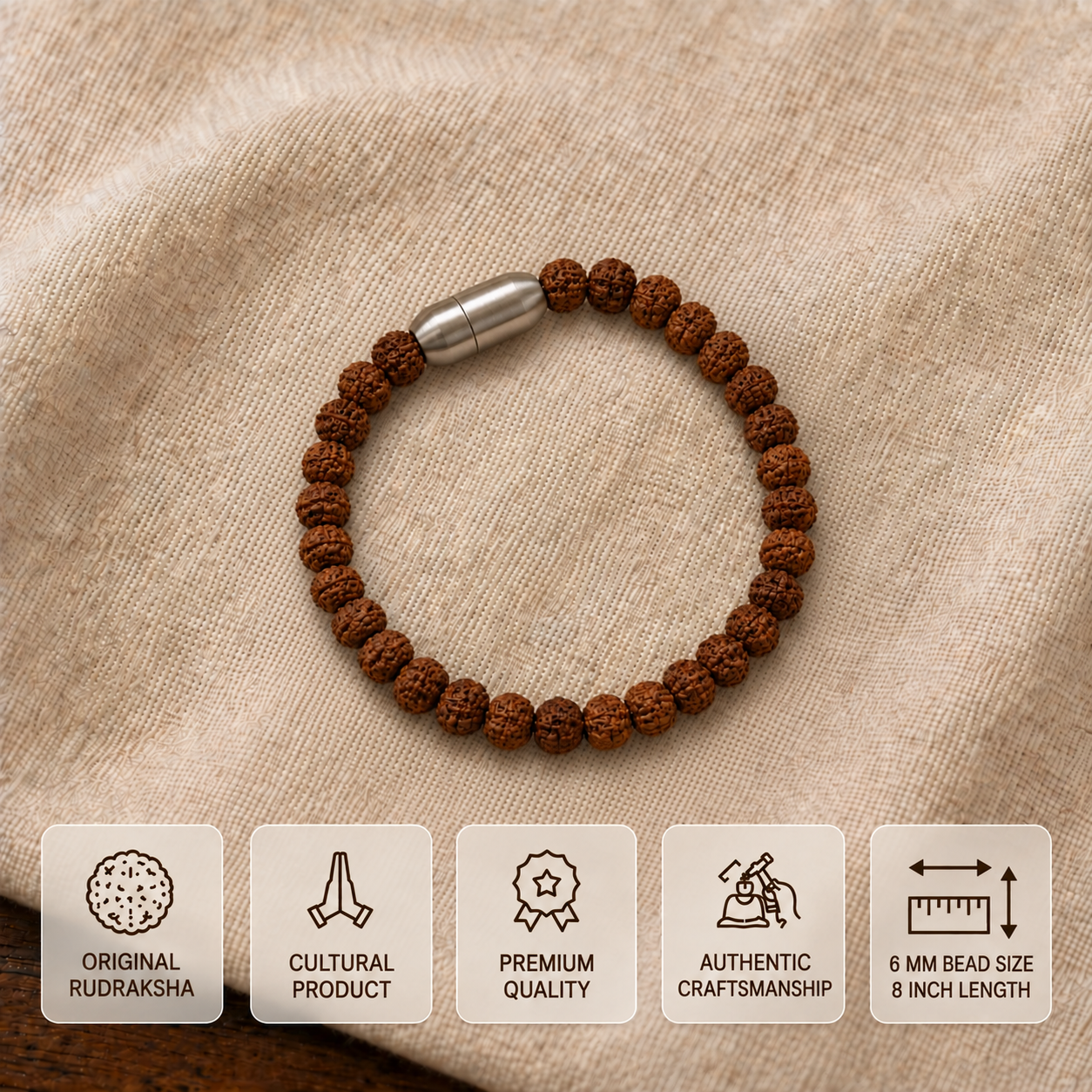 Easy-to-use stainless steel magnetic lock mechanism on a 5 Mukhi Rudraksha wrist bracelet