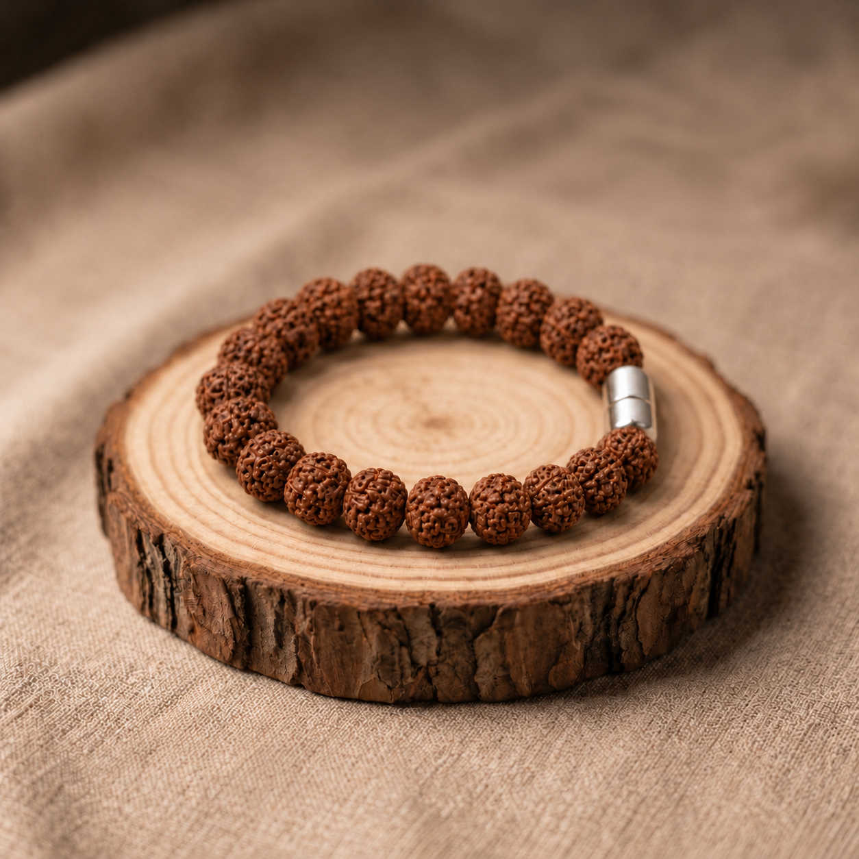 Close-up of the easy-to-wear stainless steel magnetic lock mechanism on 8 Mukhi Rudraksha bracelet