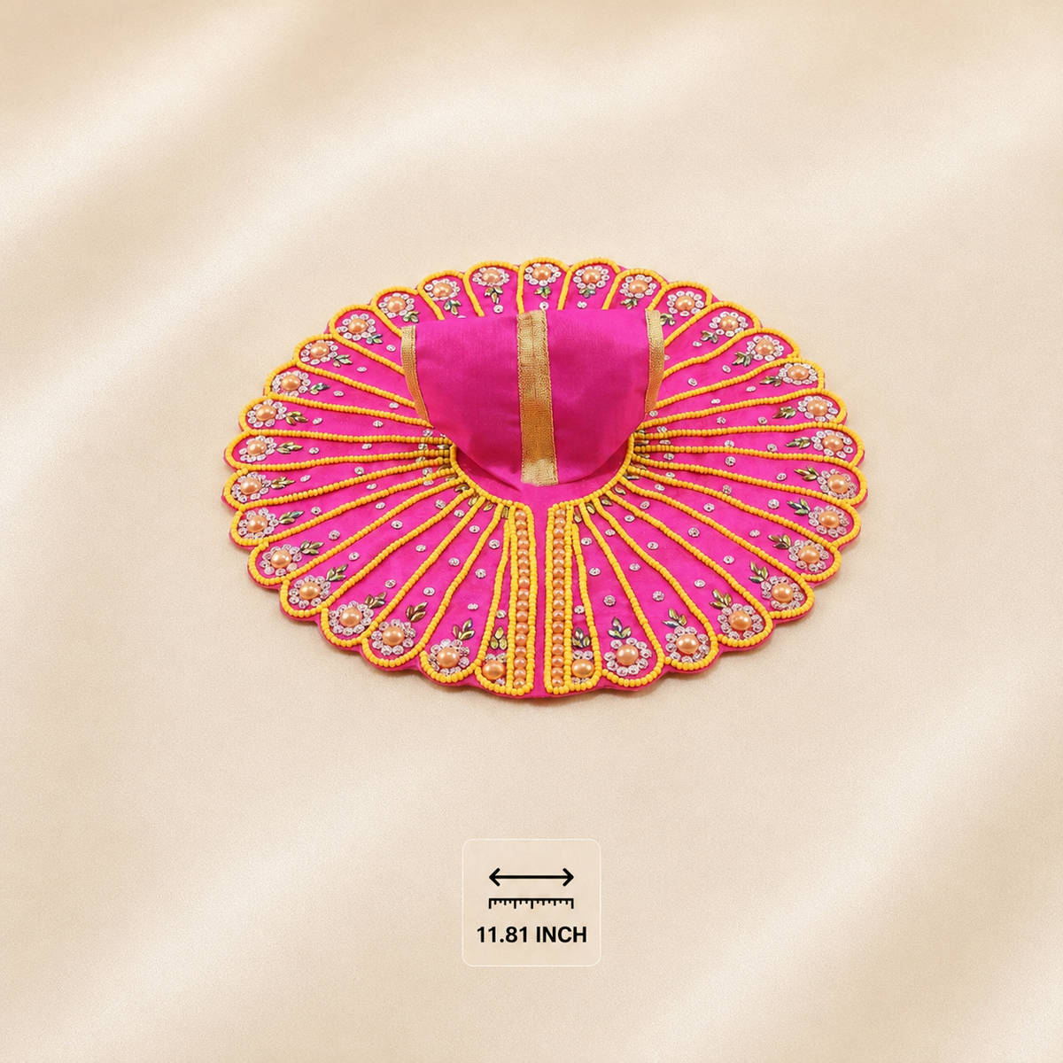 pink 11.81-inch Laddu Gopal dress with yellow beadwork, pearl floral accents, rhinestones and gold trim