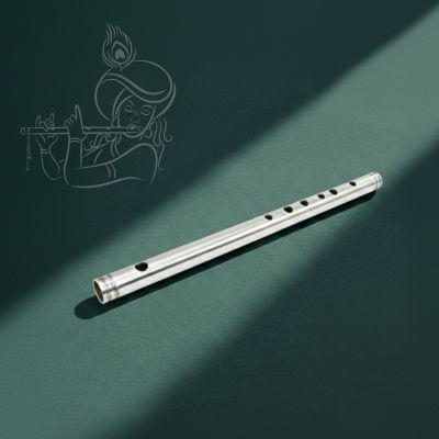  silver flute bansuri displayed on a dark green background