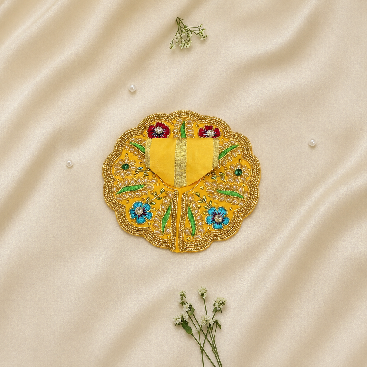A yellow embroidered poshak with scalloped edges, featuring colorful floral motifs and green leaf details, laid flat on a beige satin fabric background with small white flowers and pearls.