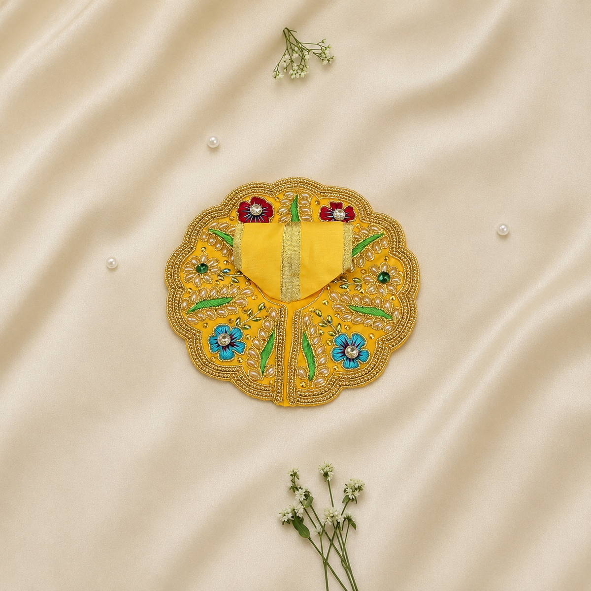 A yellow embroidered poshak with scalloped edges, featuring colorful floral motifs and green leaf details, laid flat on a beige satin fabric background with small white flowers and pearls.