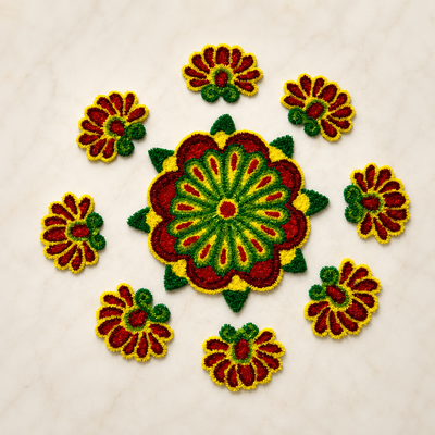 mere krishna handmade reusable floral rangoli with red, yellow and green flower design