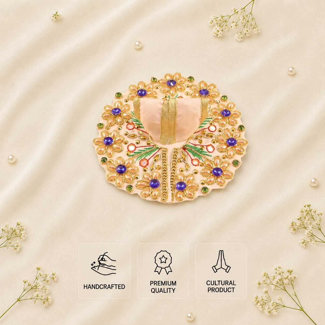 Handcrafted cream Laddu Gopal poshak with matching accessories and mirror embroidery