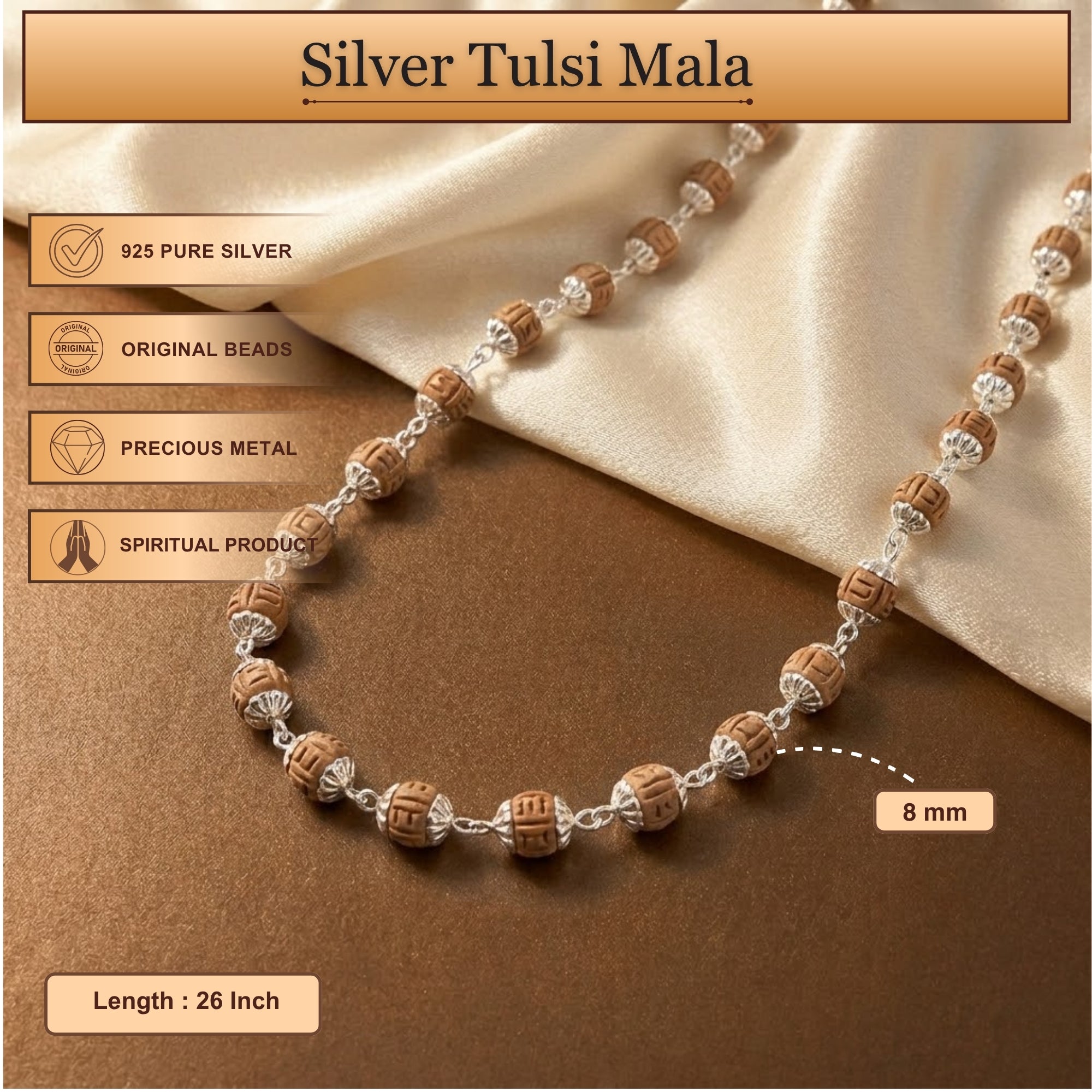 pure silver capped hand carved authentic Tulsi kanthi mala