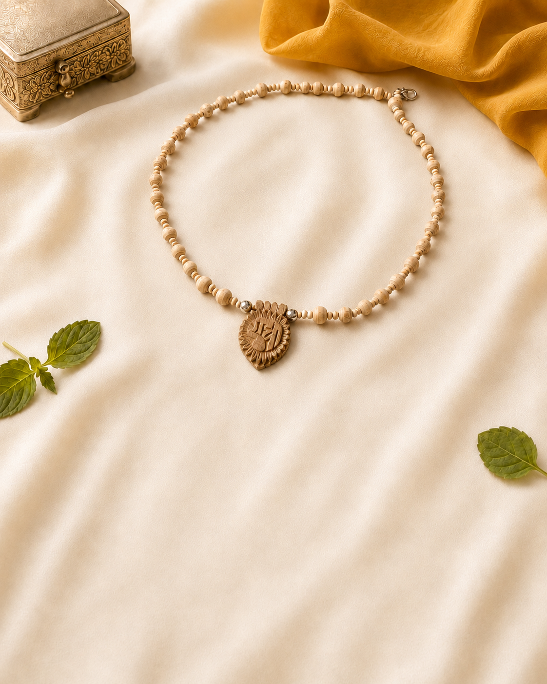 mere krishna vrindavan tulsi kanthi mala with carved tulsi pendant and 295 silver accents.