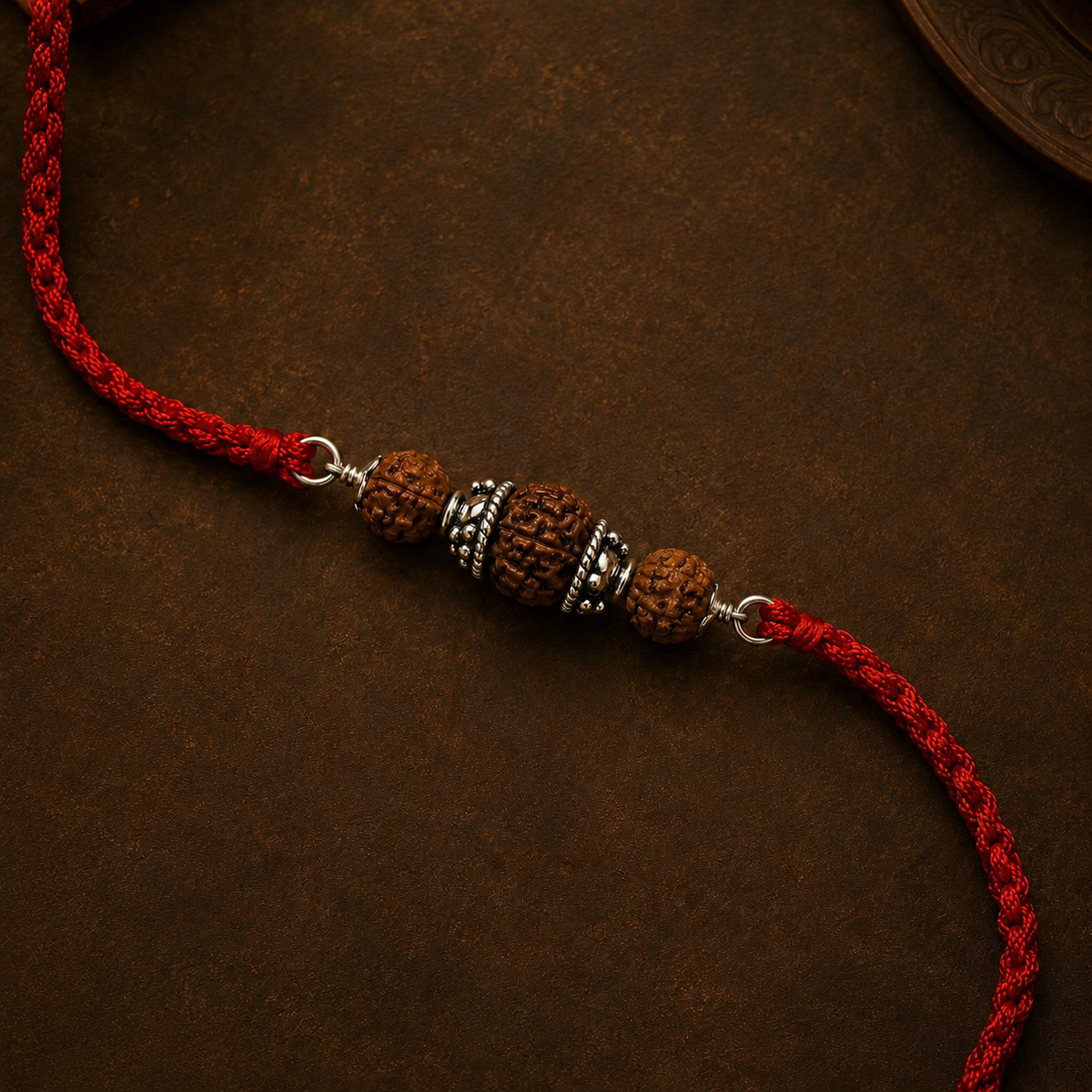 Close up view of 925 pure silver capped three Rudraksha beads on red braided thread
