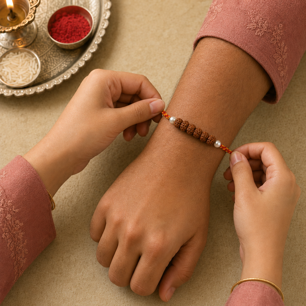 Hands tying natural 6 Rudraksha sacred rakhi on brother wrist for Raksha Bandhan