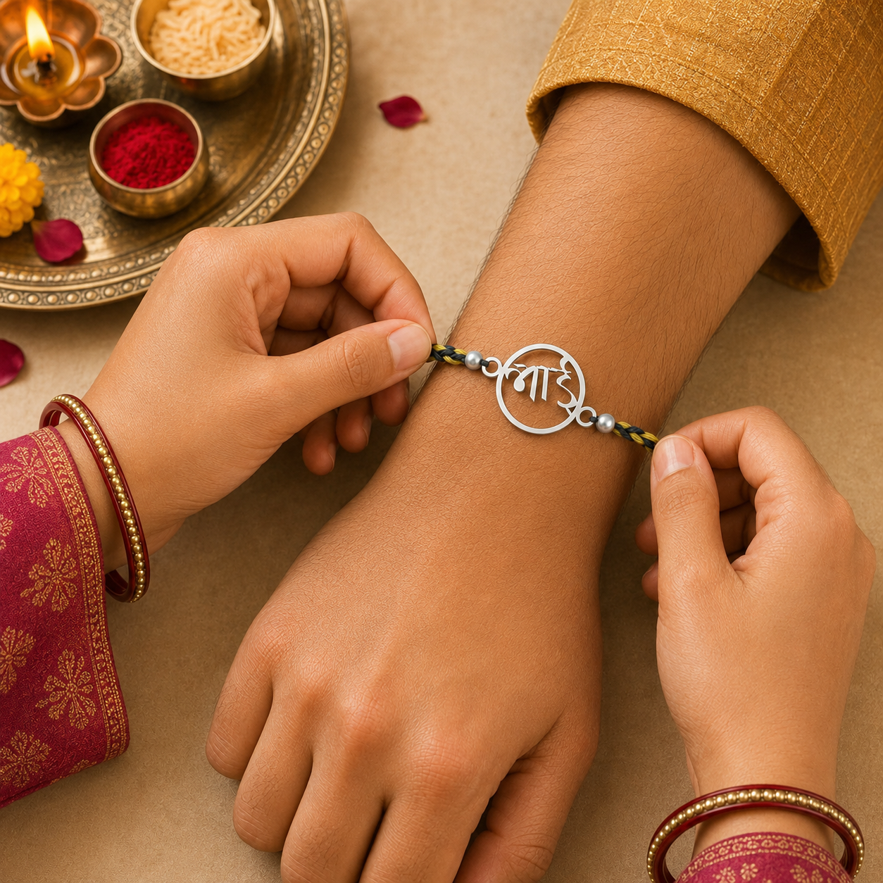 Hands tying pure silver circular Bhai calligraphy rakhi bracelet on brother wrist for Raksha Bandhan