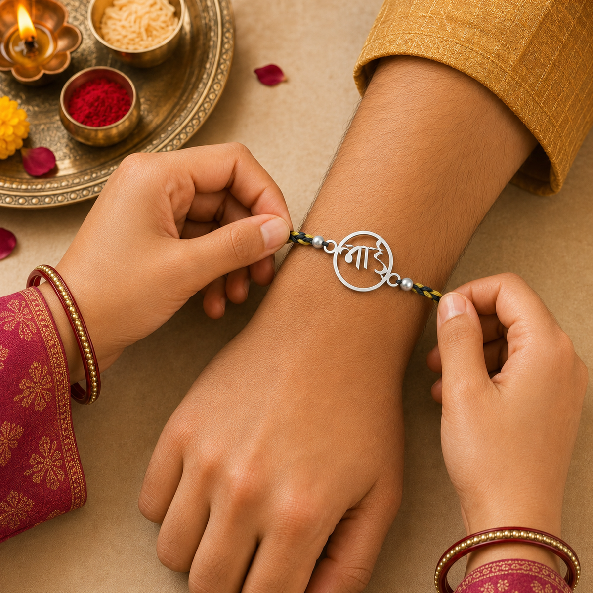 Hands tying pure silver circular Bhai calligraphy rakhi bracelet on brother wrist for Raksha Bandhan
