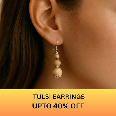 merekrishna Tulsi wood bead earrings worn by a woman with up to 40% off offer
