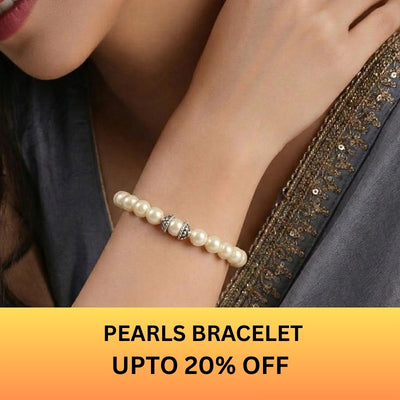 merekrishna white pearl bracelet worn on a woman’s wrist with up to 20% off.