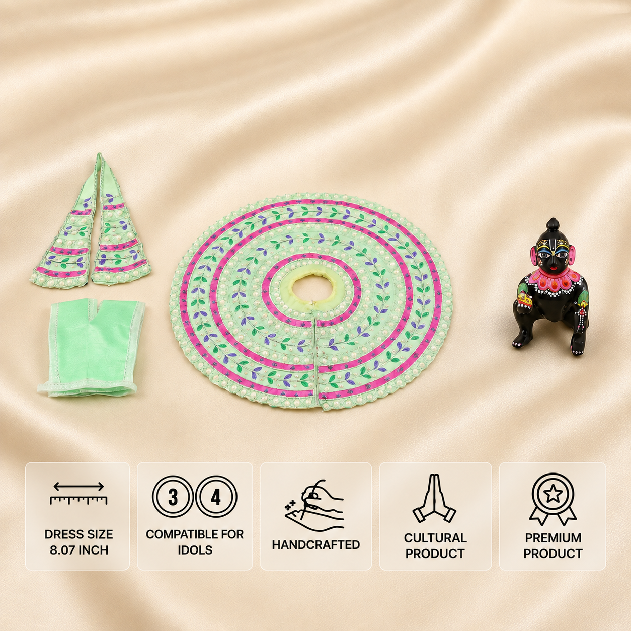 Mint green and pink handcrafted Laddu Gopal poshak set for 3 and 4 number idols with leaf embroidery and pearl border.