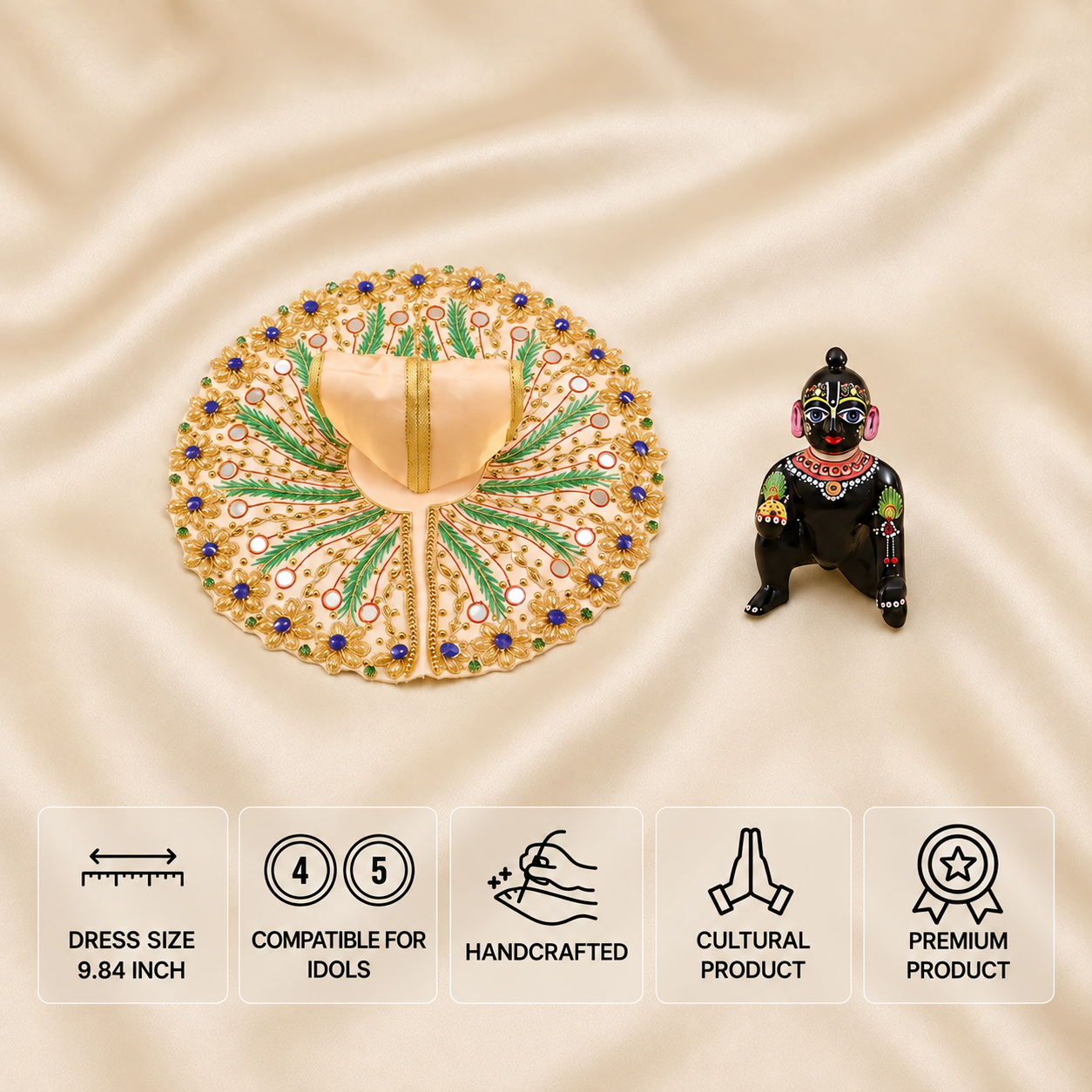 Mint green and pink handcrafted Laddu Gopal poshak set for 4 and 5 number idols with leaf embroidery and pearl border.