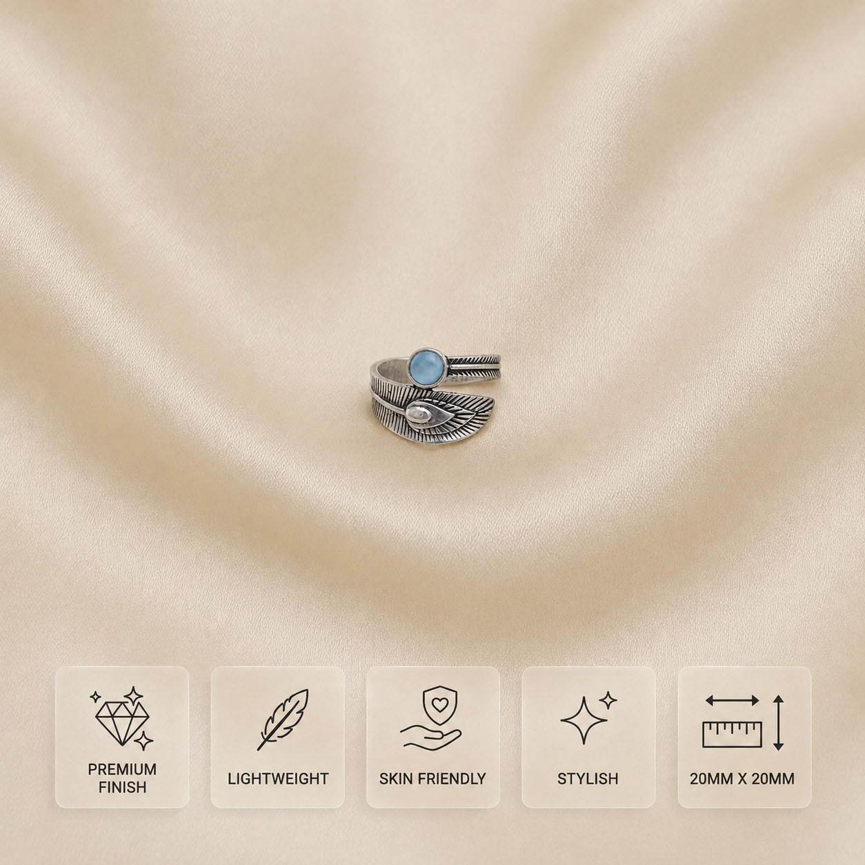 Morpankh ring for women with peacock feather design, premium finish, lightweight and skin-friendly 20 mm x 20 mm design
