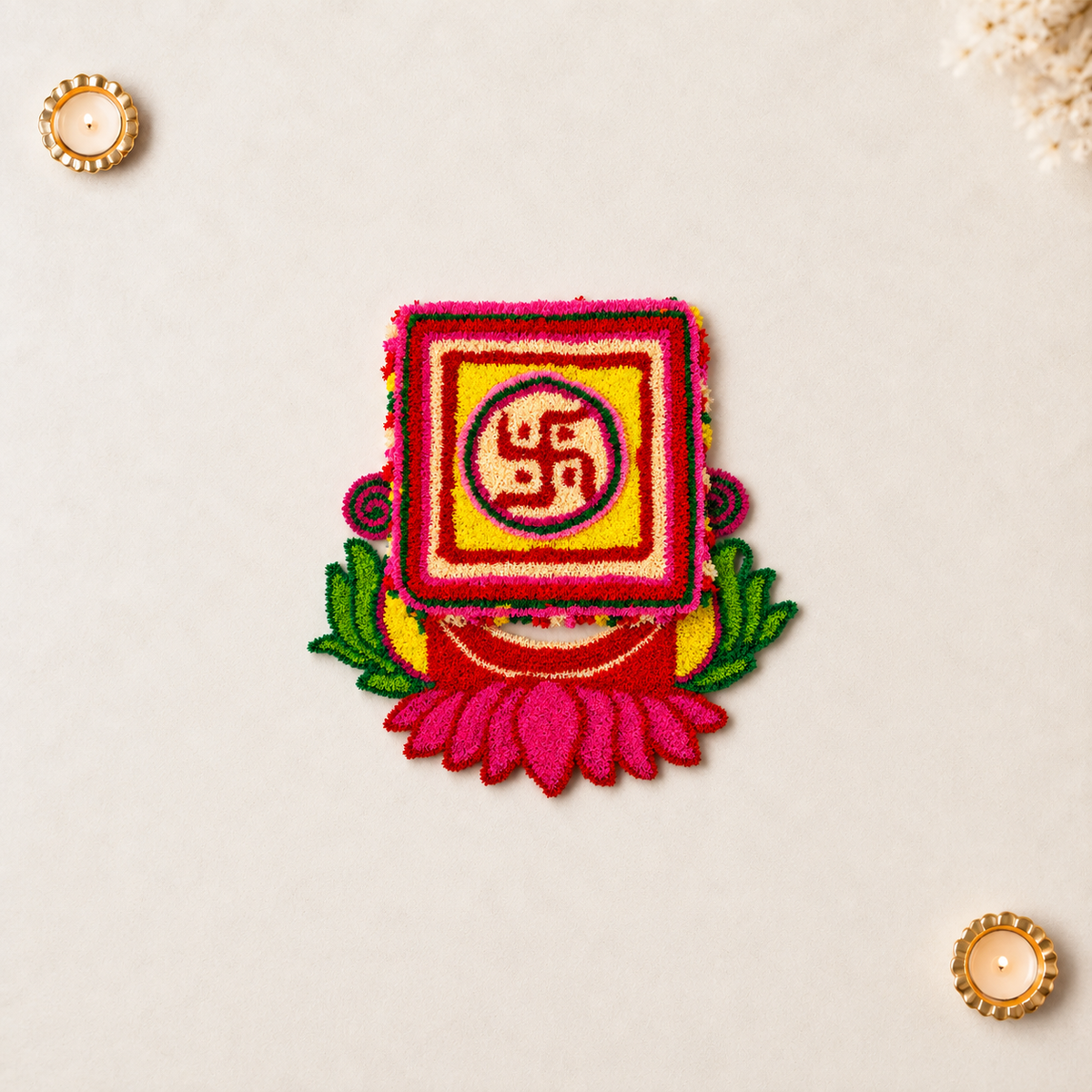 Multicolor floral rangoli featuring a swastik design, lotus base and green leaves
