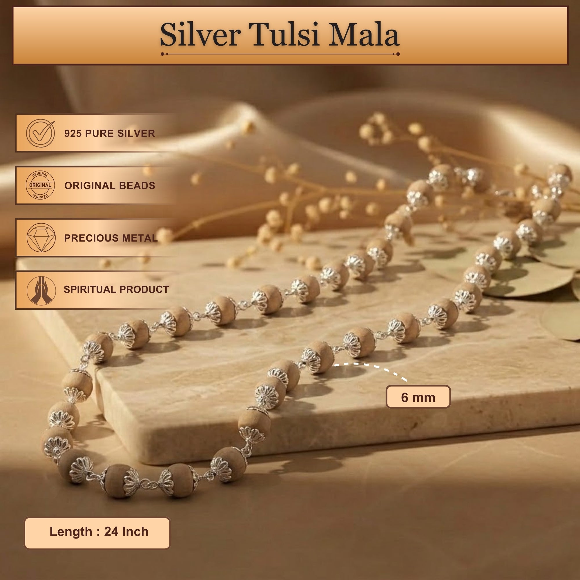 Length and bead details of the authentic natural Tulsi kanthi mala with silver capping