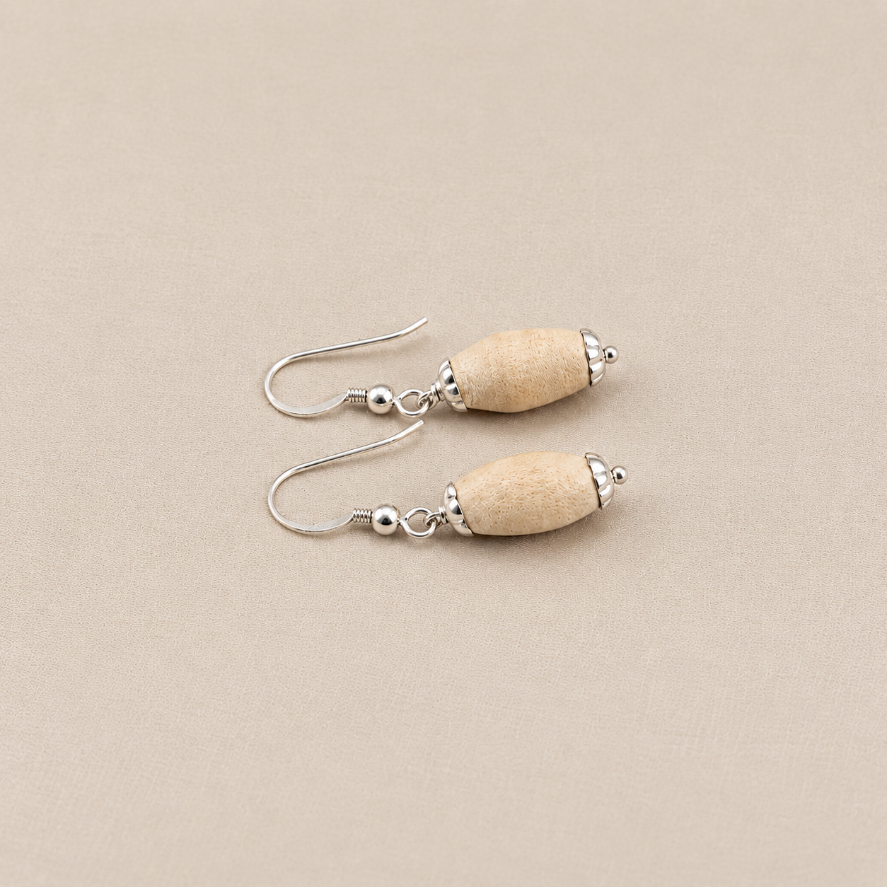 Handmade natural Tulsi earrings with light wooden beads and silver-tone hook design