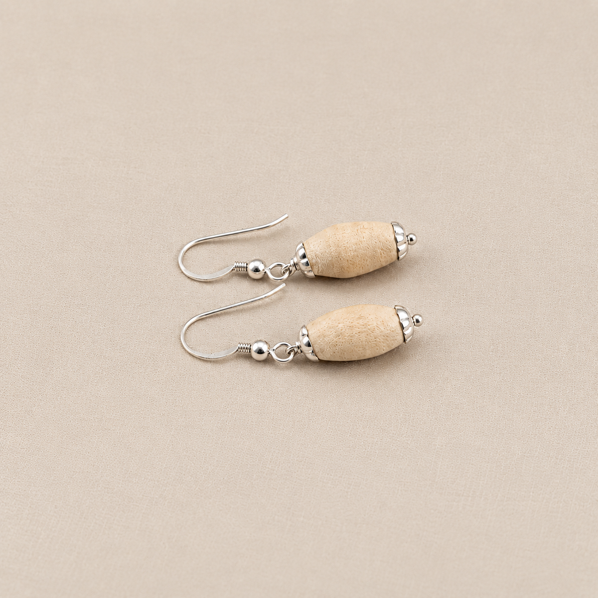 Handmade natural Tulsi earrings with light wooden beads and silver-tone hook design