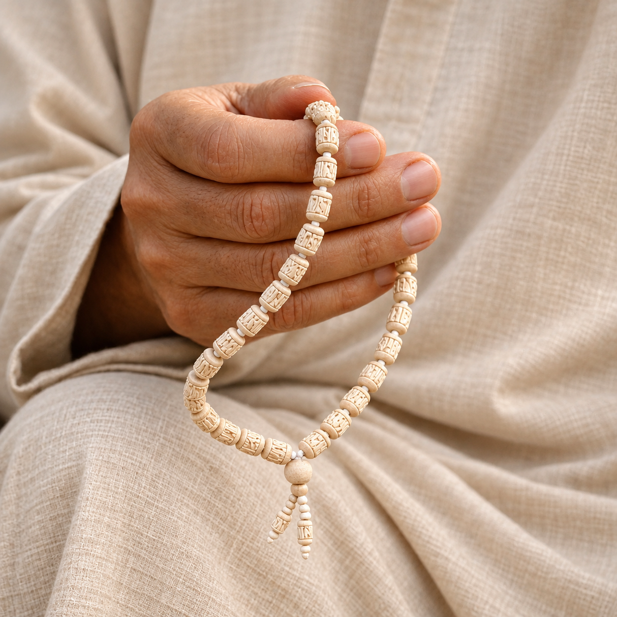 Natural Tulsi Japa Mala with carved Tulsi beads held in hand for prayer and meditation
