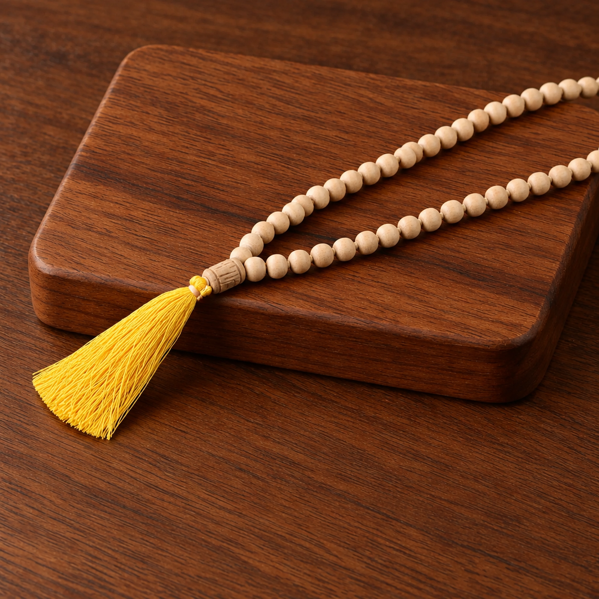 Natural Tulsi Japa Mala with light Tulsi beads and yellow tassel 