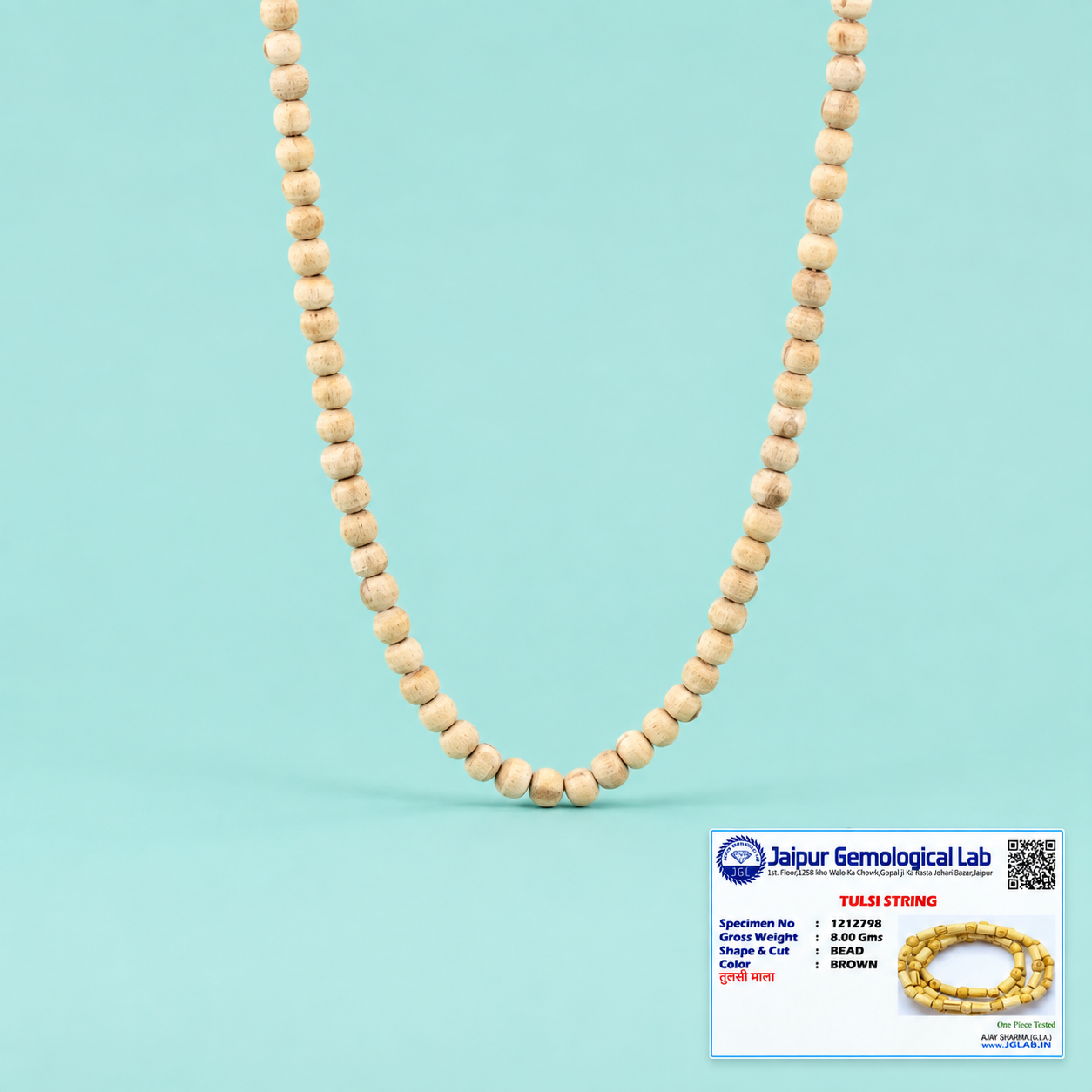 Natural Tulsi Kanthi Mala with round wooden beads and Jaipur Gemological Lab certificate.