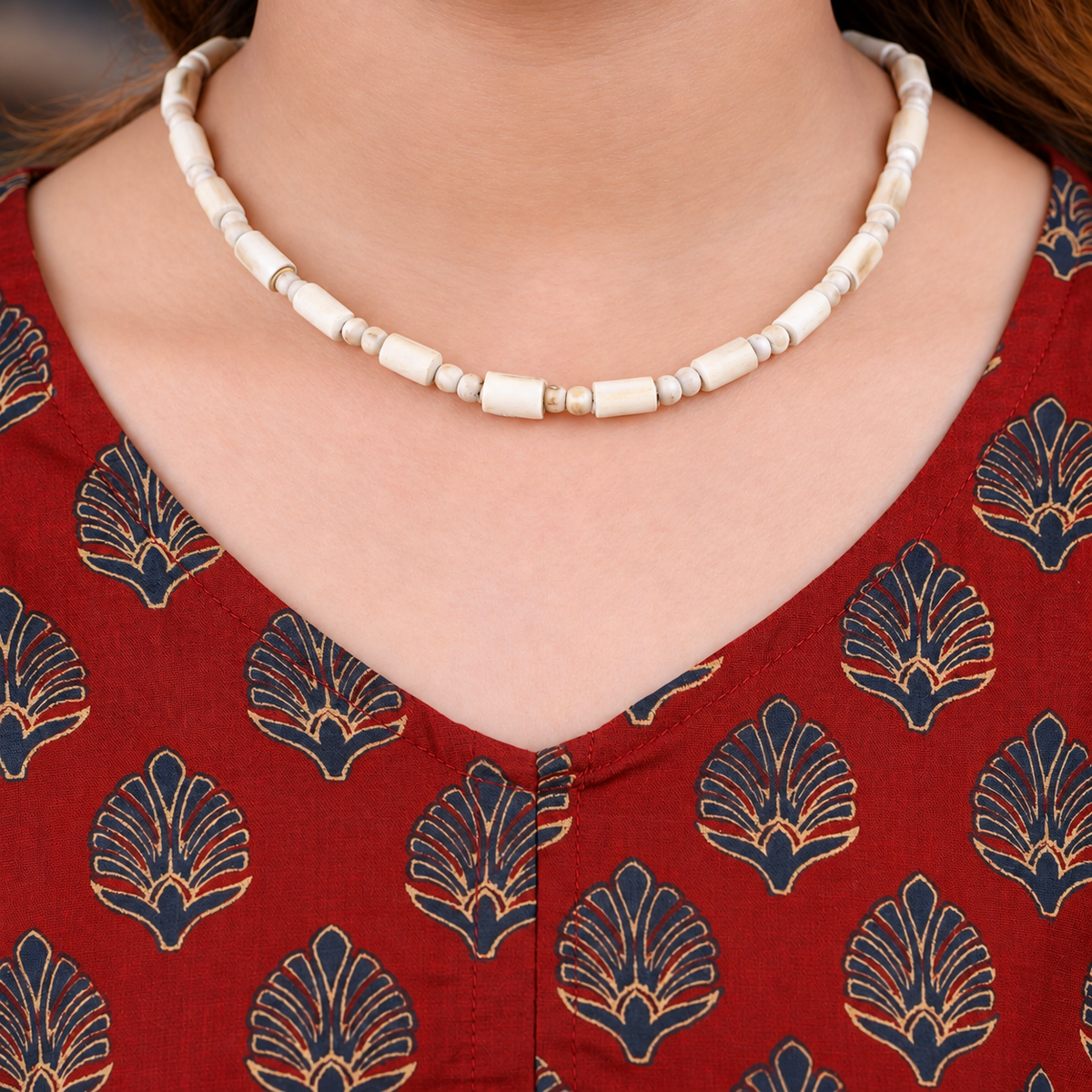 Woman wearing natural Tulsi Mala with original 4 mm and 6 mm Tulsi beads in a traditional necklace style