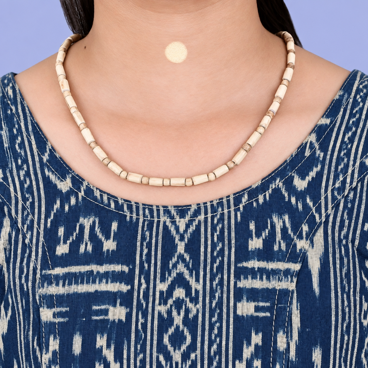 Woman wearing natural Tulsi Mala with original 6 mm Tulsi beads in a traditional necklace style
