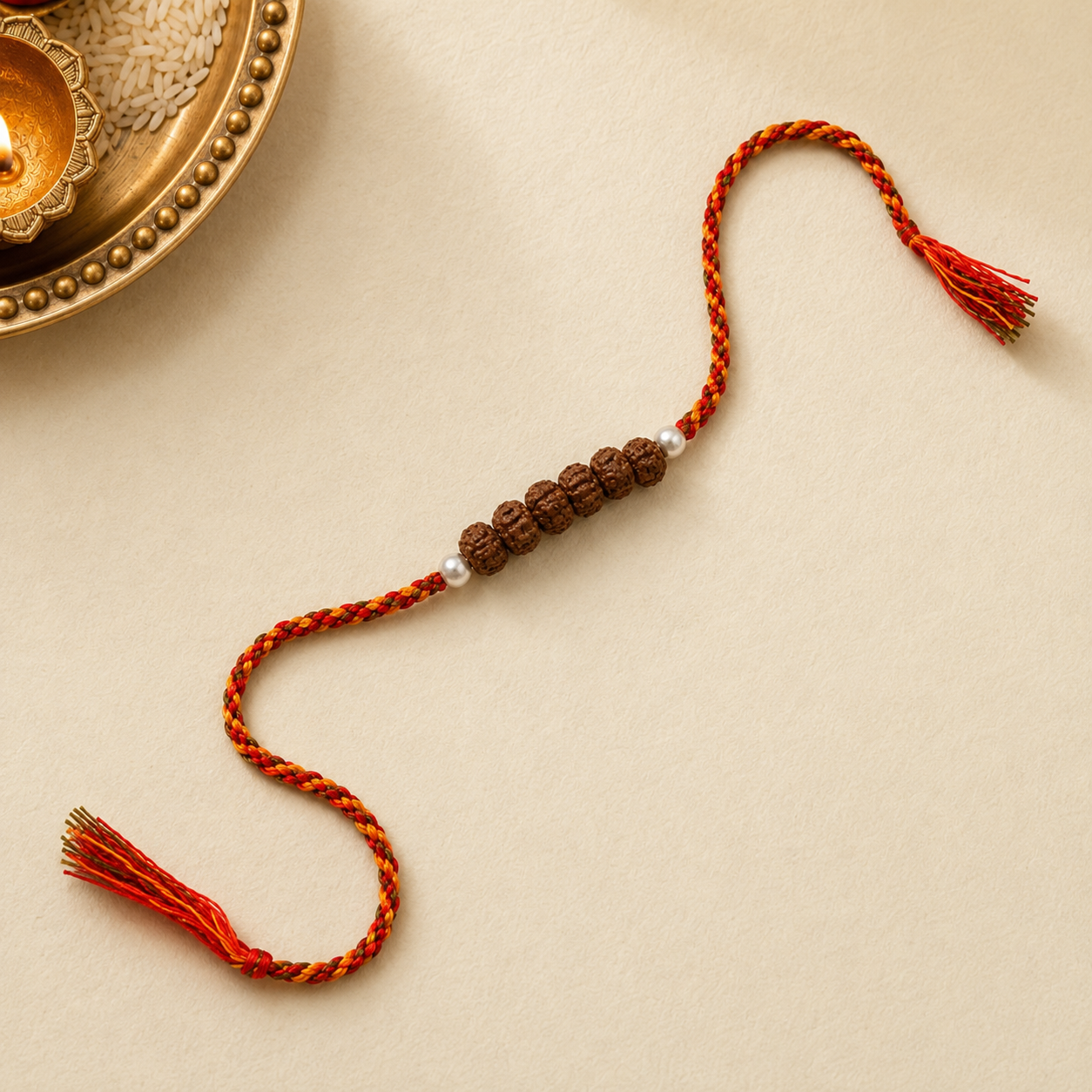 Natural 6 Rudraksha sacred rakhi with red and yellow braided thread cord flat lay view
