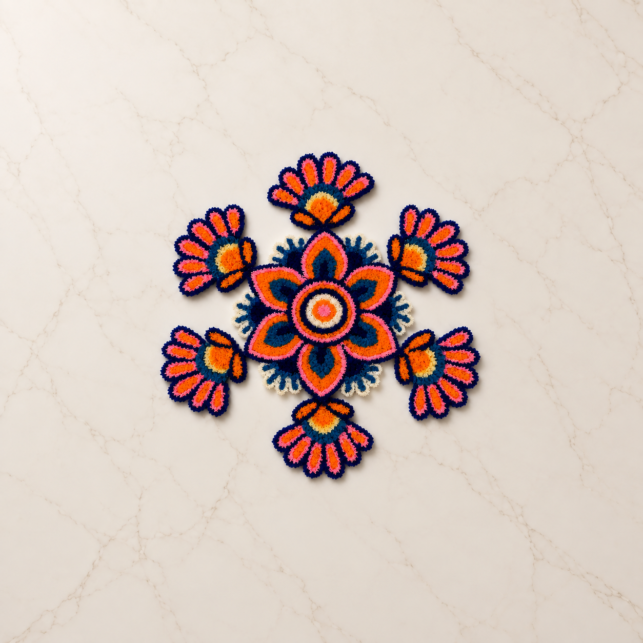 Navy blue, orange and pink floral rangoli set with six matching decorative pieces