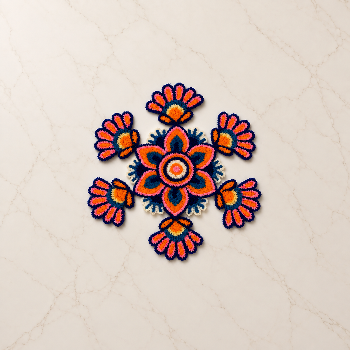 Navy blue, orange and pink floral rangoli set with six matching decorative pieces