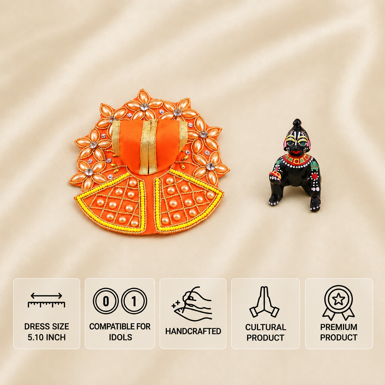 Orange floral Laddu Gopal dress for 0 and 1 number idols with golden embroidery and pearl detailing.