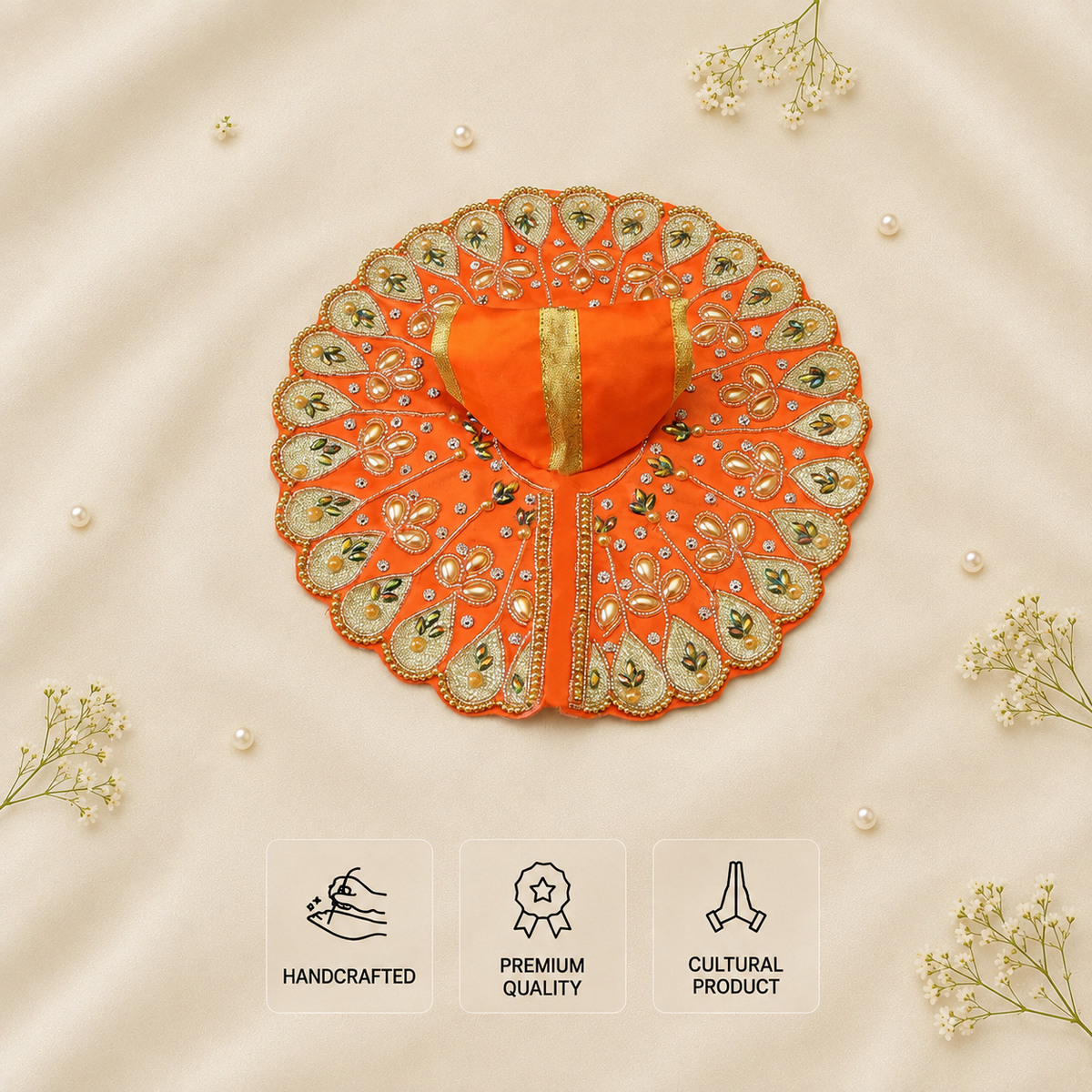 Orange handcrafted Laddu Gopal dress with pearl, stone and golden embroidery