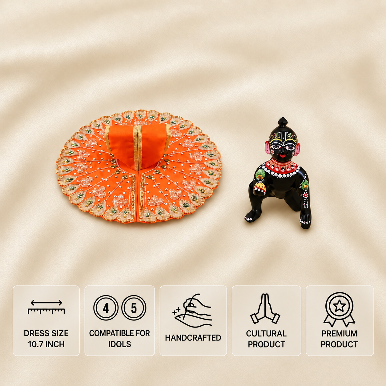 Orange handcrafted Laddu Gopal dress for 4 and 5 number idols with golden embroidery and decorative scalloped border.
