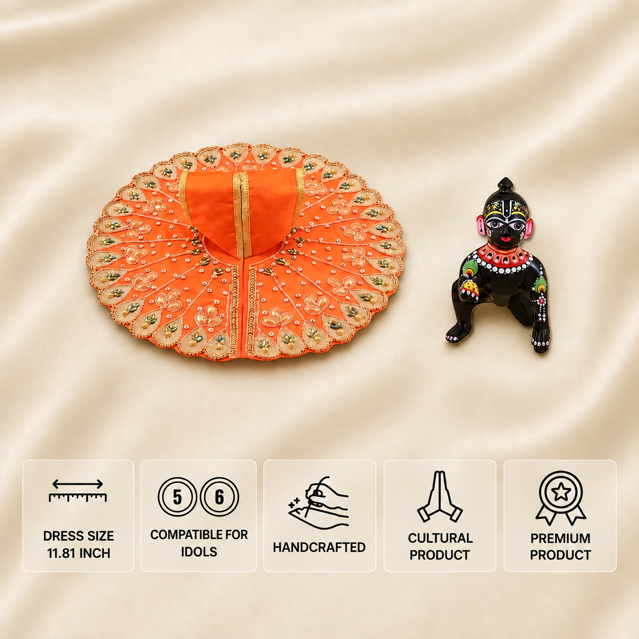 Orange handcrafted Laddu Gopal dress for 5 and 6 number idols with golden embroidery and decorative border.