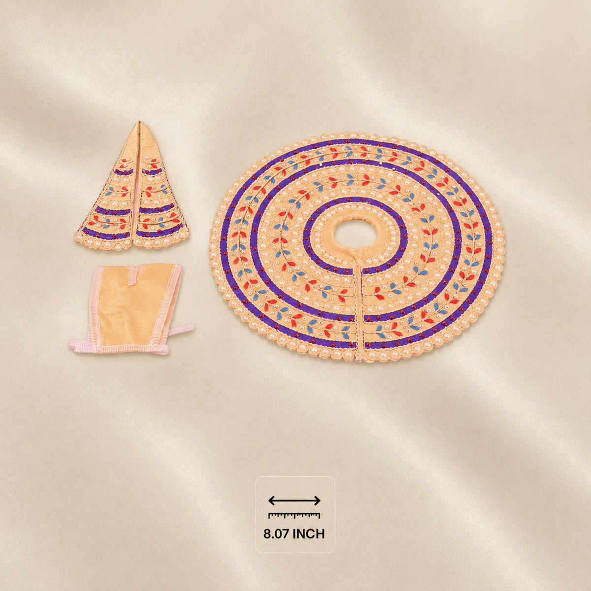 Orange Laddu Gopal dress set with purple border, pearl work and colourful leaf embroidery