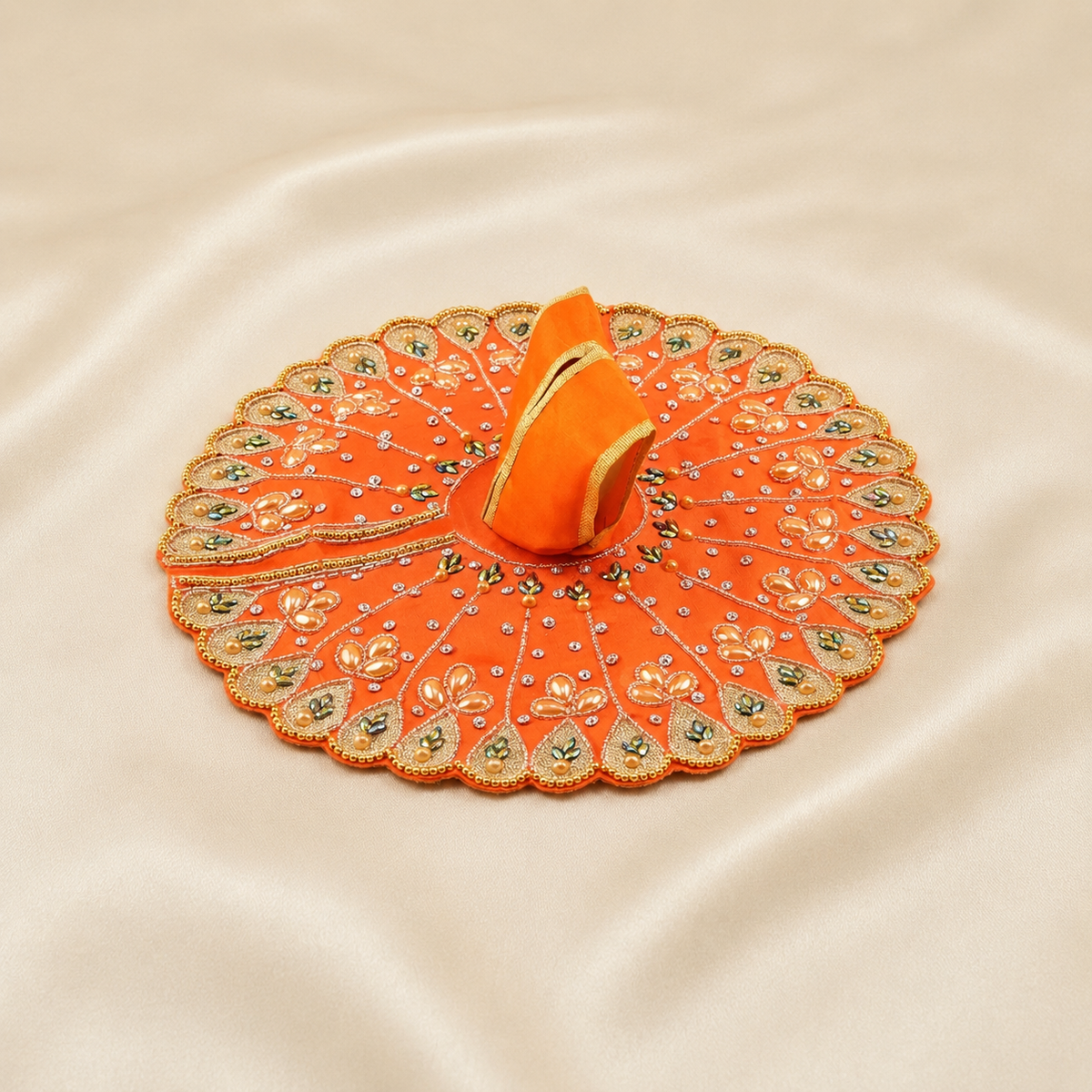 Orange Laddu Gopal dress with pearl border and colourful embroidered detailing