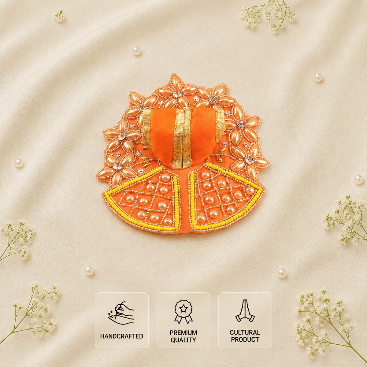 Orange Laddu Gopal dress with pearl floral work, yellow bead border, crystal stones and golden embroidery.