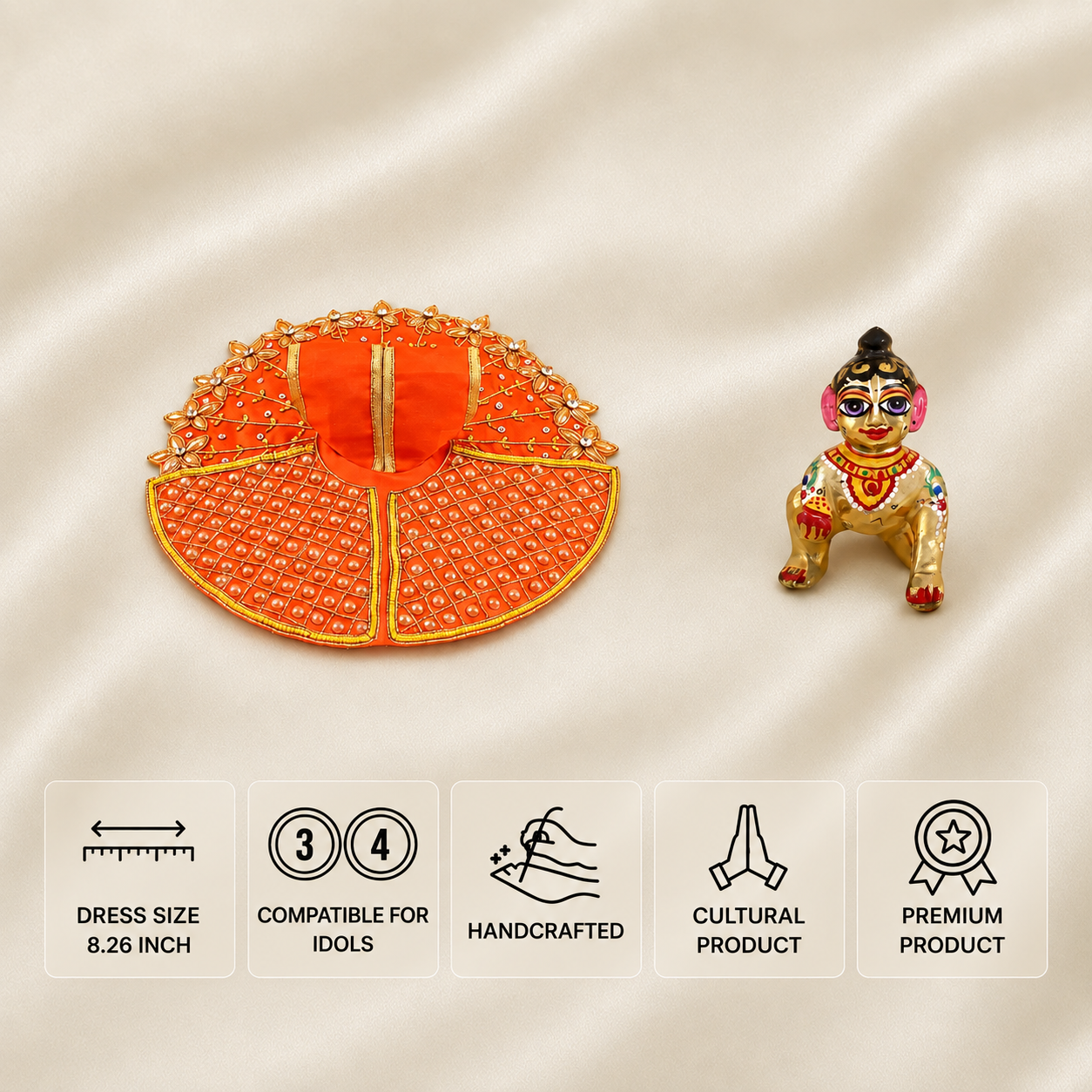 Orange Laddu Gopal dress for 3 and 4 number idols with pearl work, floral embroidery and golden detailing.