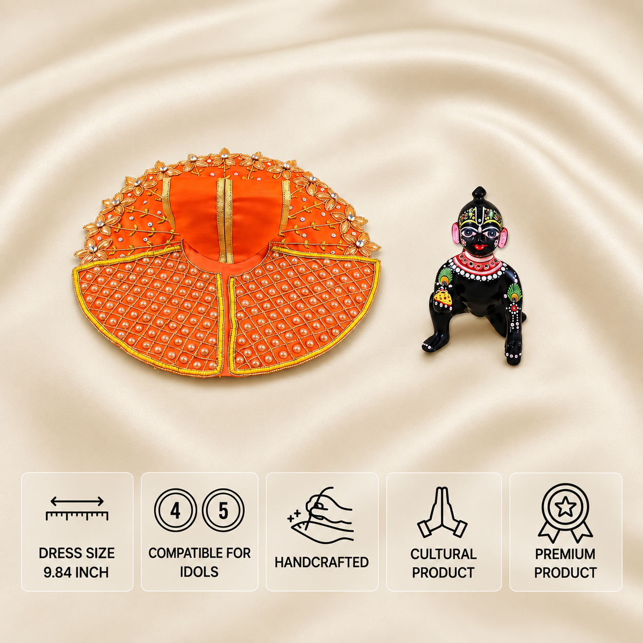 Orange Laddu Gopal dress for 4 and 5 number idols with floral embroidery, golden border and pearl work.